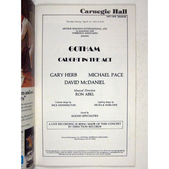 Gotham Caught in Act Stagebill March 1976 Gary Herb Michael Pace David McDaniel - Picture 4 of 6